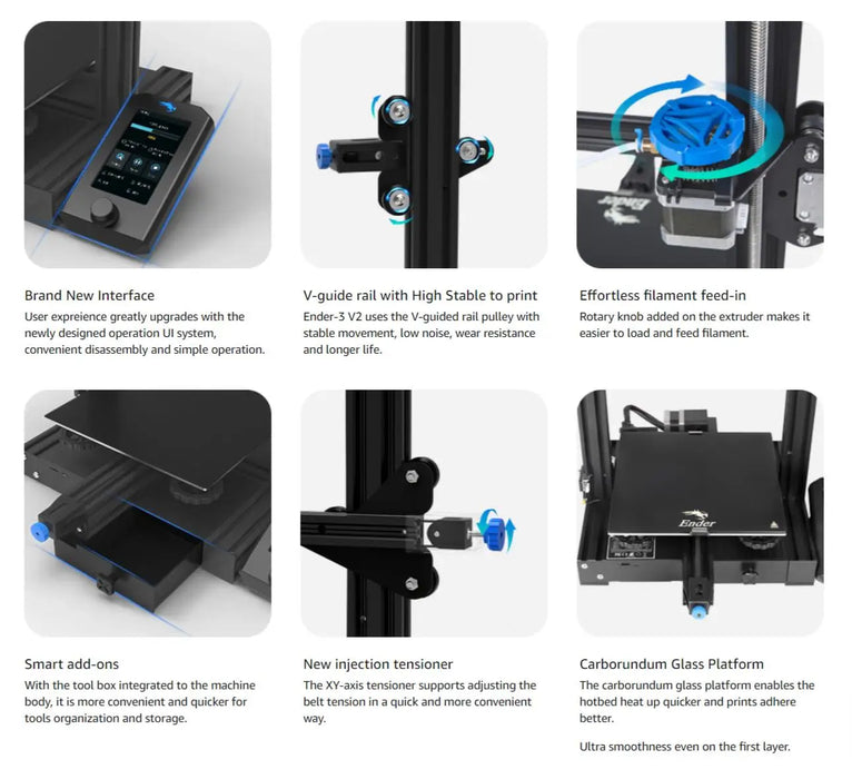 Creality Ender-3 V2 3D Printer Kit Silent TMC2208 Stepper Motor Drivers 4.3 Inch UI Lcd Carborundum Glass Bed Resume Printing